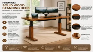Premium solid wood standing desk showcasing elegant craftsmanship, stability, and smart workspace features