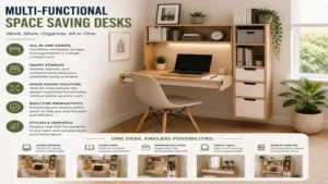 Multi-functional space saving desks combining workspace and storage in one design