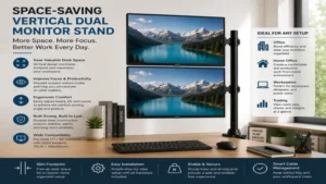 Space-saving vertical dual monitor stand ideal for office, workstation, and home productivity setups