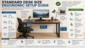 Standard desk size ergonomic setup with monitor, keyboard, chair, and proper posture alignment