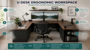 u desk ergonomic workspace designed for comfort, productivity, healthy posture, and organized workflow