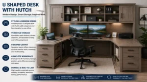 Stylish u shaped desk with hutch office furniture design combining workspace, shelving, and storage solutions