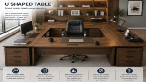 Elegant wooden u shaped table office desk with practical storage and modern décor