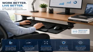 under counter keyboard tray integrated into a professional workstation for improved posture