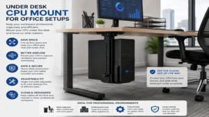 professional office setup using an under desk cpu mount to keep the computer off the floor