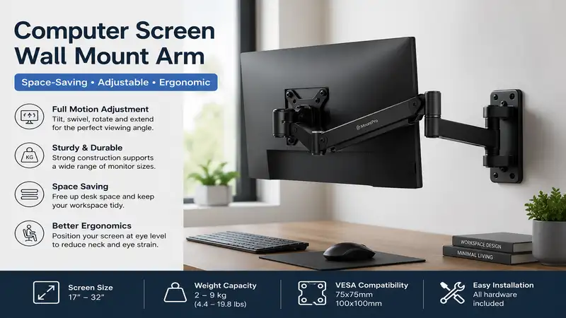 computer screen wall mount arm installed in a modern workspace with ergonomic monitor positioning