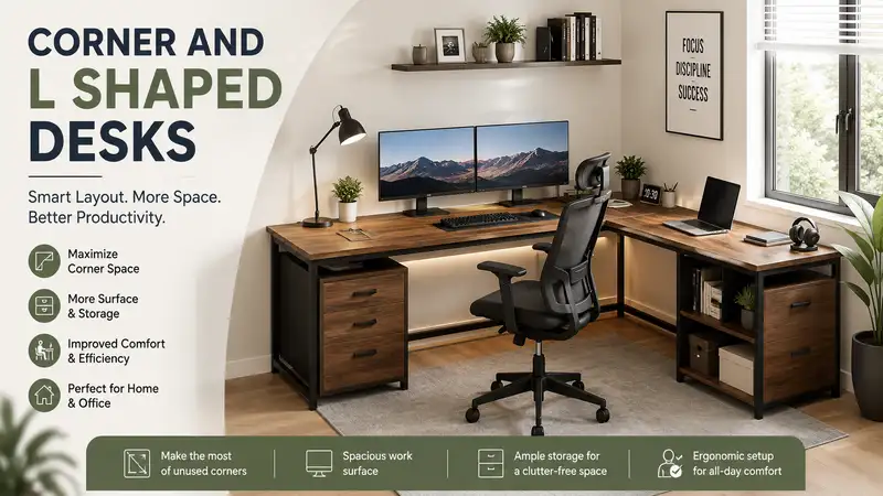 Modern corner and l shaped desks in a stylish home office designed for productivity and space efficiency.