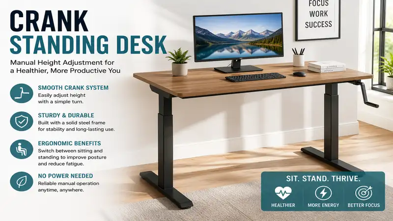 crank standing desk with a manual height adjustment system for an ergonomic home office workspace