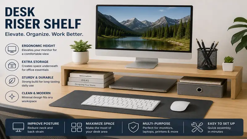 desk riser shelf elevating a computer monitor while creating extra storage space on a modern workspace