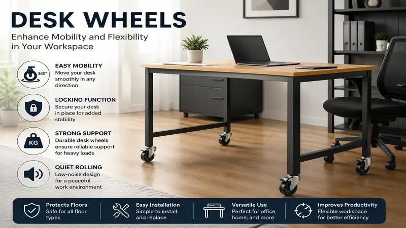 desk wheels installed on a modern office desk for easy mobility and workspace flexibility