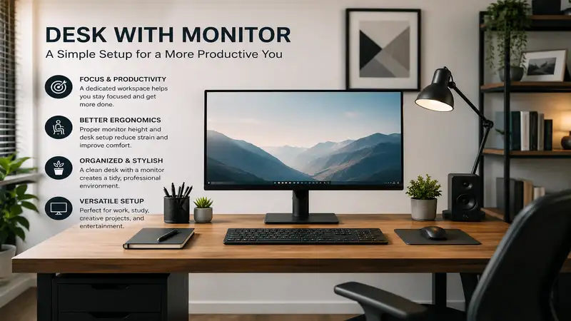 Modern desk with monitor in a clean and organized home office workspace