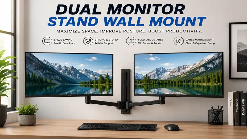 Dual monitor stand wall mount supporting two widescreen monitors for a clean and ergonomic workstation