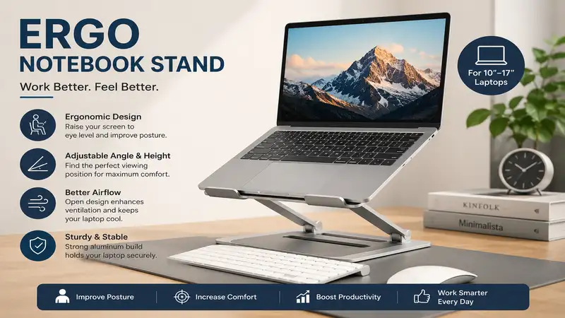 ergo notebook stand for ergonomic laptop use in a modern workspace
