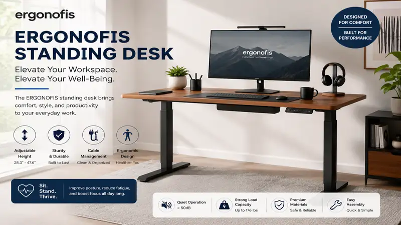 ergonofis standing desk in a modern home office with an adjustable height design for a comfortable and productive workspace.