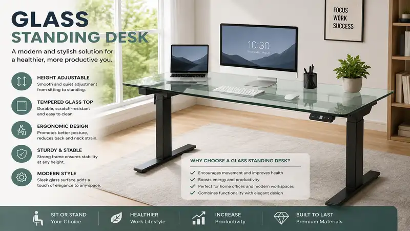 glass standing desk with adjustable height in a modern office workspace