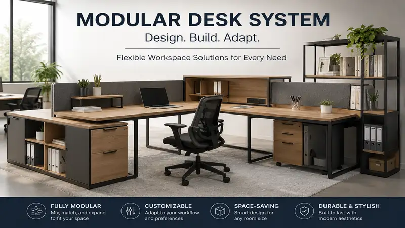 Modular desk system with customizable workspace components for productivity and organization
