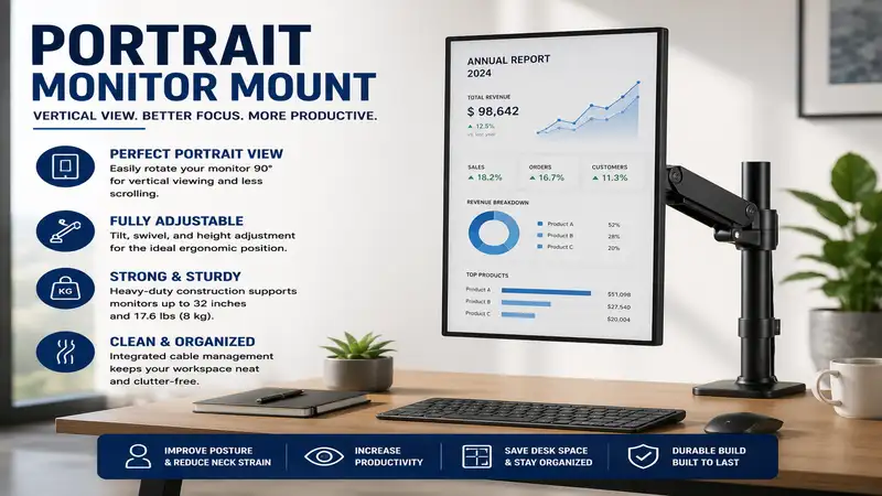 Portrait monitor mount supporting an ergonomic vertical monitor workstation