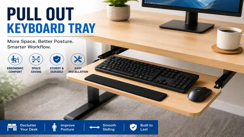 Pull out keyboard tray installed under a desk to create an ergonomic and organized workstation