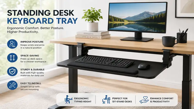 Standing desk keyboard tray with an ergonomic height-adjustable workstation, monitor, keyboard, mouse, and modern office setup.