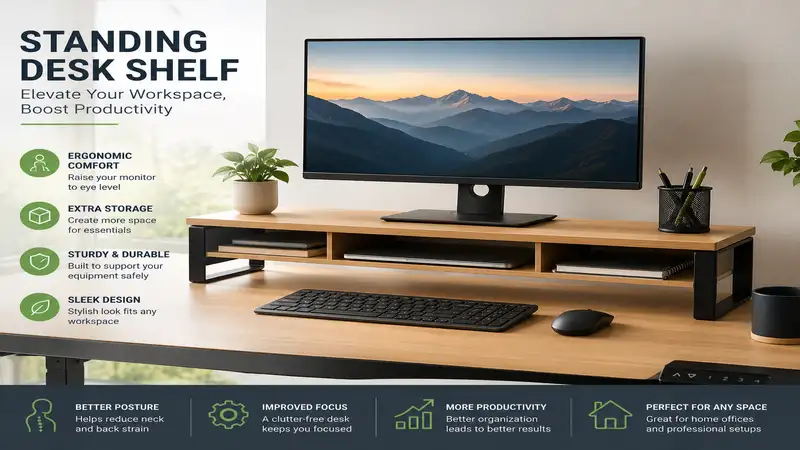 standing desk shelf with ergonomic monitor setup and organized workspace for improved productivity