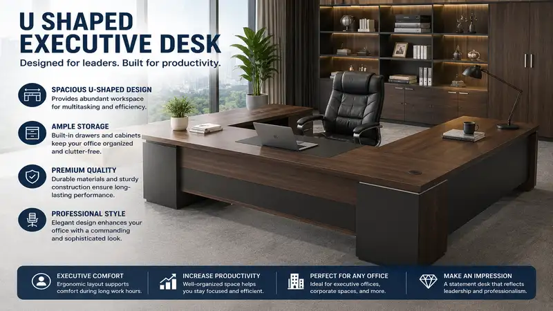 U shaped executive desk in a modern office with ample workspace, storage, and professional design