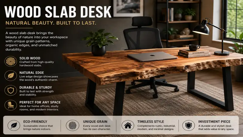 wood slab desk with a natural live edge and sturdy metal legs in a modern home office