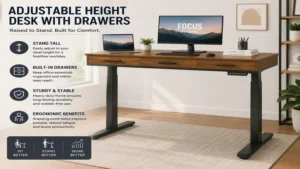 Adjustable height desk with drawers raised to standing position for ergonomic work comfort