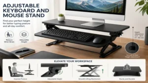 Adjustable keyboard and mouse stand improving typing comfort and reducing wrist strain.