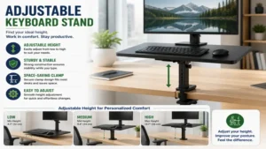 Standing computer keyboard stand with adjustable height settings for personalized workstation comfort