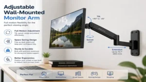computer screen wall mount arm with adjustable extension, tilt, and swivel for flexible viewing angles