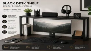 Black desk shelf placed above a monitor to maximize desk organization and workspace efficiency.