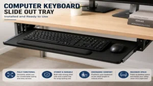 Computer keyboard slide out tray installed under a desk with a full-size keyboard and mouse.