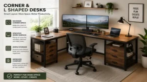 corner and l shaped desks creating an organized home office with dual-monitor workspace.