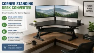 corner standing desk converter installed on an L-shaped desk with dual monitors