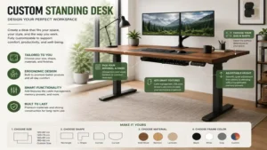 Custom standing desk design featuring a personalized desktop size and ergonomic layout for home office use.