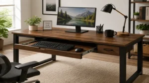 Wooden desk with keyboard drawer in a stylish home office with organized workspace.