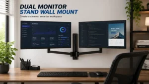 Dual monitor stand wall mount installed in a modern home office with adjustable monitor positioning
