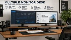 Multiple monitor desk with dual displays for multitasking and workflow efficiency