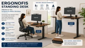 ergonofis standing desk adjusting smoothly from sitting to standing height for ergonomic daily use.