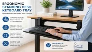 Ergonomic standing desk keyboard tray positioned at the ideal typing height for better posture and reduced wrist strain.