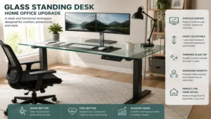glass standing desk setup in a home office with dual monitors and ergonomic accessories