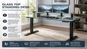 glass top standing desk in a stylish home office with dual monitors and ergonomic workspace.