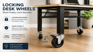 desk wheels with a locking mechanism providing secure positioning and smooth movement