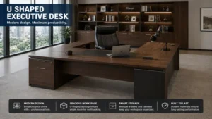U shaped executive desk positioned in a contemporary executive office with organized workstations