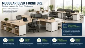Modular desk furniture arranged in a flexible office layout for improved productivity.