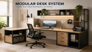Modular desk system arranged in a home office with storage and ergonomic workspace features