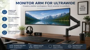 monitor arm for ultrawide installed on a clean home office desk with an ultrawide display