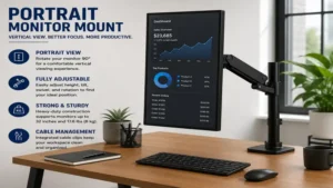 Portrait monitor mount installed on a modern office desk for vertical screen viewing
