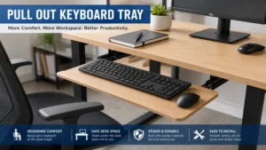 Pull out keyboard tray used in a modern office setup for improved typing comfort and desk space
