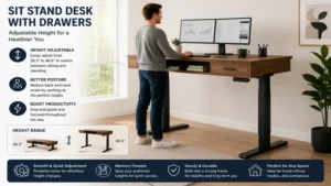Sit stand desk with drawers adjusted to standing height for improved posture and workplace comfort